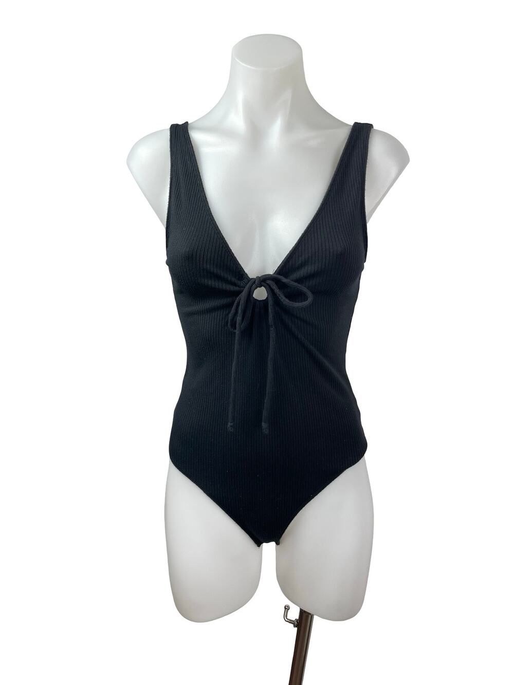 Abercrombie & Fitch Black Ribbed Knit V Neck Tie Bow Tank Bodysuit Top Size S
